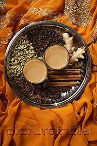 PictureIndia - Indian masala tea with spices on silver tray.