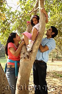 Asia Images Group - Parents helping daugther climb a tree