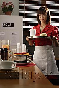 AsiaPix - Waitress in diner serving burger and drink