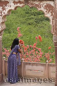 Asia Images Group - young woman in sari look out from balcony