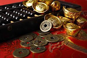 AsiaPix - Still life of old Chinese money and abacus.