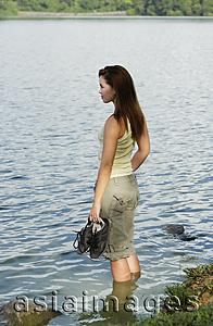 Asia Images Group - Young woman standing in shallow end of lake