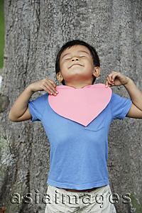 Asia Images Group - Boy standing by tree holding heart