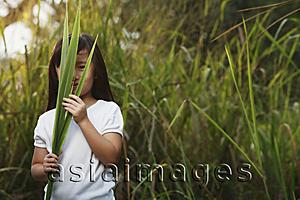 Asia Images Group - Young girl looking through leaves.