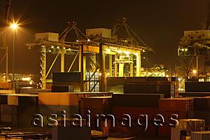 Asia Images Group - Night shot of shipping yard and containers, Singapore