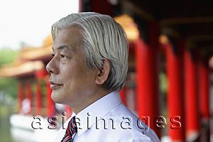 Asia Images Group - Profile of older man looking out from Chinese temple