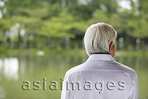 Asia Images Group - Back view of old man looking at lake