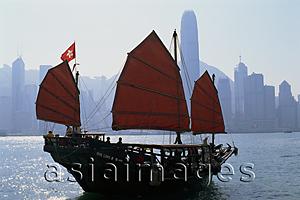Asia Images Group - China,Hong Kong,Victoria Harbour,Tourists on Junk and City Skyline in Background