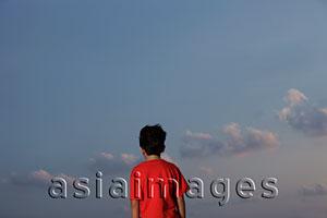 Asia Images Group - back view of young boy with red shirt looking at sky