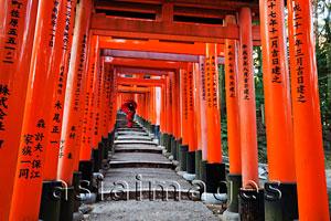 Asia Images Group - woman in red Kimono at Fushimi Inari Taisha Shrine,Tunnel of Torii Gates.