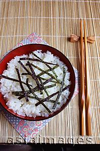 Asia Images Group - Japan, bowl of Japanese rice in table setting