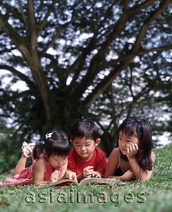 Asia Images Group - Three children lying on grass reading book