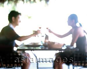 Asia Images Group - Couple toasting outdoors over table, defocused.