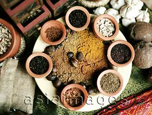 Asia Images Group - Assortment of spices and curry powder arranged on a plate.