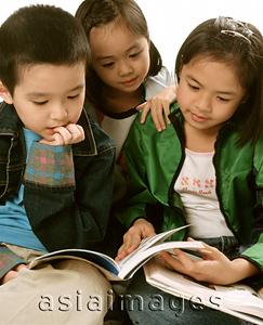 Asia Images Group - Three young children (two girls, one boy) reading books.