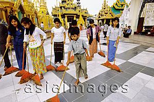 Asia Images Group - Myanmar (Burma), Yangon (Rangoon), Group of young adults and children helping to clean at Shwedagon Pagoda.