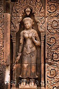 Asia Images Group - Cambodia, Siem Reap, Statue of woman at Banteay Srei, the citadel of the women