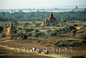 Asia Images Group - Myanmar (Burma), Bagan, Villagers in ox drawn carts along dirt roads with temples in backgrounds