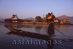 Asia Images Group - Myanmar (Burma), Inle lake, Boatman in front of Nga Phe Kyaung monastery.