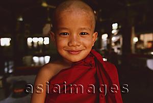 Asia Images Group - Myanmar (Burma), Bagan, 4 year old novice monk, portrait.