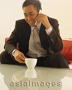 Asia Images Group - Businessman on mobile phone, smiling