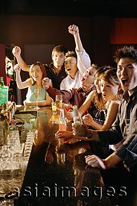 Asia Images Group - Group of friends sitting at bar, arms raised