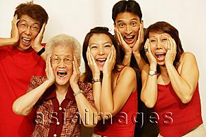 Asia Images Group - Three generation family, looking at camera, hands on head, screaming