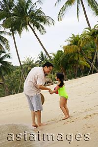 Asia Images Group -  Father and daughter holding hands on beach
