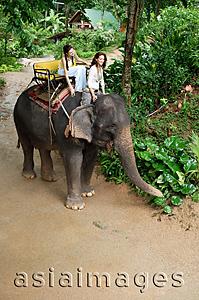 Asia Images Group - Two young women on an elephant in Phuket, Thailand