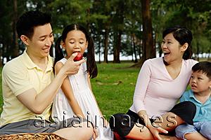 Asia Images Group - Family of four in park, father feeding daughter an apple