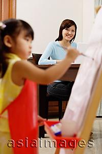 Asia Images Group - Mother watching young girl painting on easel