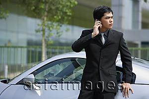 Asia Images Group - Businessman using mobile phone, leaning on car