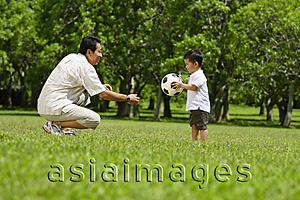 Asia Images Group - Father and young son in park with soccer ball