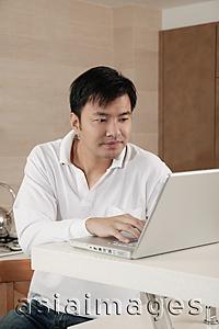 Asia Images Group - Man sitting at kitchen counter, using laptop