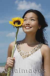 Asia Images Group - Woman holding sunflower stalk, looking up