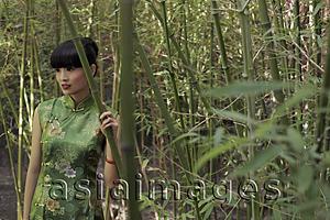 Asia Images Group - Young woman wearing a traditional Chinese dress standing in bamboo forest