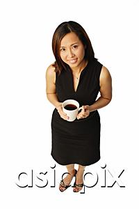AsiaPix - Woman with coffee cup, looking up at camera