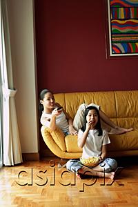 AsiaPix - Two girls sitting in living room, one holding remote control, the other eating popcorn