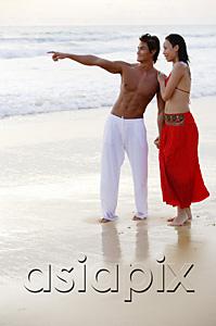 AsiaPix - Couple standing on beach, holding hands, man pointing