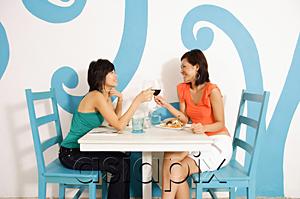 AsiaPix - Young women in cafe, having lunch, toasting with wine glasses