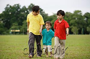 AsiaPix - Boys walking on grass, side by side
