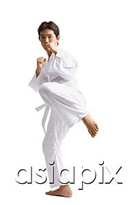 AsiaPix - Young man practicing martial arts, preparing to kick