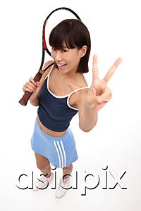 AsiaPix - Young woman with tennis racket, looking up at camera, making hand sign