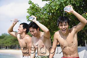 AsiaPix - Three men sitting side by side, pouring water on themselves