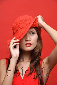 AsiaPix - Woman in red dress with red hat, head shot