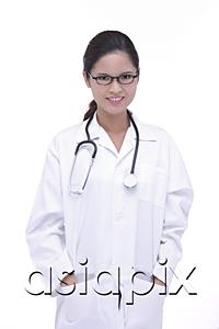 AsiaPix - Doctor in lab coat, smiling at camera
