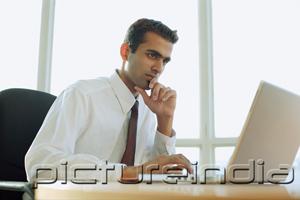 PictureIndia - Male executive using laptop, hand on chin