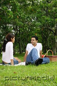 PictureIndia - Couple in park, sitting on grass, picnic basket next to them