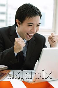 AsiaPix - Businessman looking at laptop, hands in fists, smiling